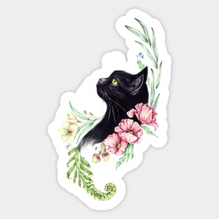 Black cat with leaves and flowers Sticker